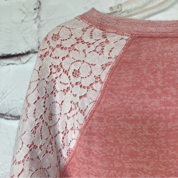 Philosophy Island Pink Coral Heather Sweater with Lace Overlay Sleeves SZ M - Picture 4 of 9